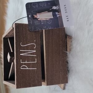 RAE DUNN NeW Brown Wood Rotating Square Pen Pencil Holder Desk Organizer Caddy